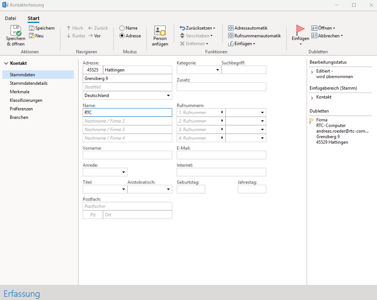 Kundenerfassung - Hauptansicht