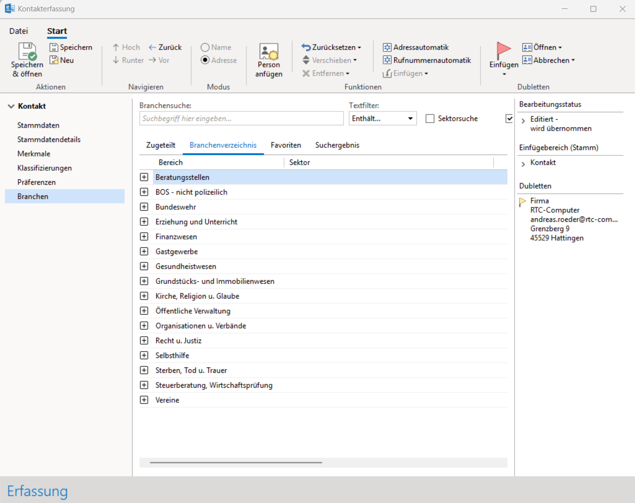 Kundenerfassung - Branchenzugehörigkeit