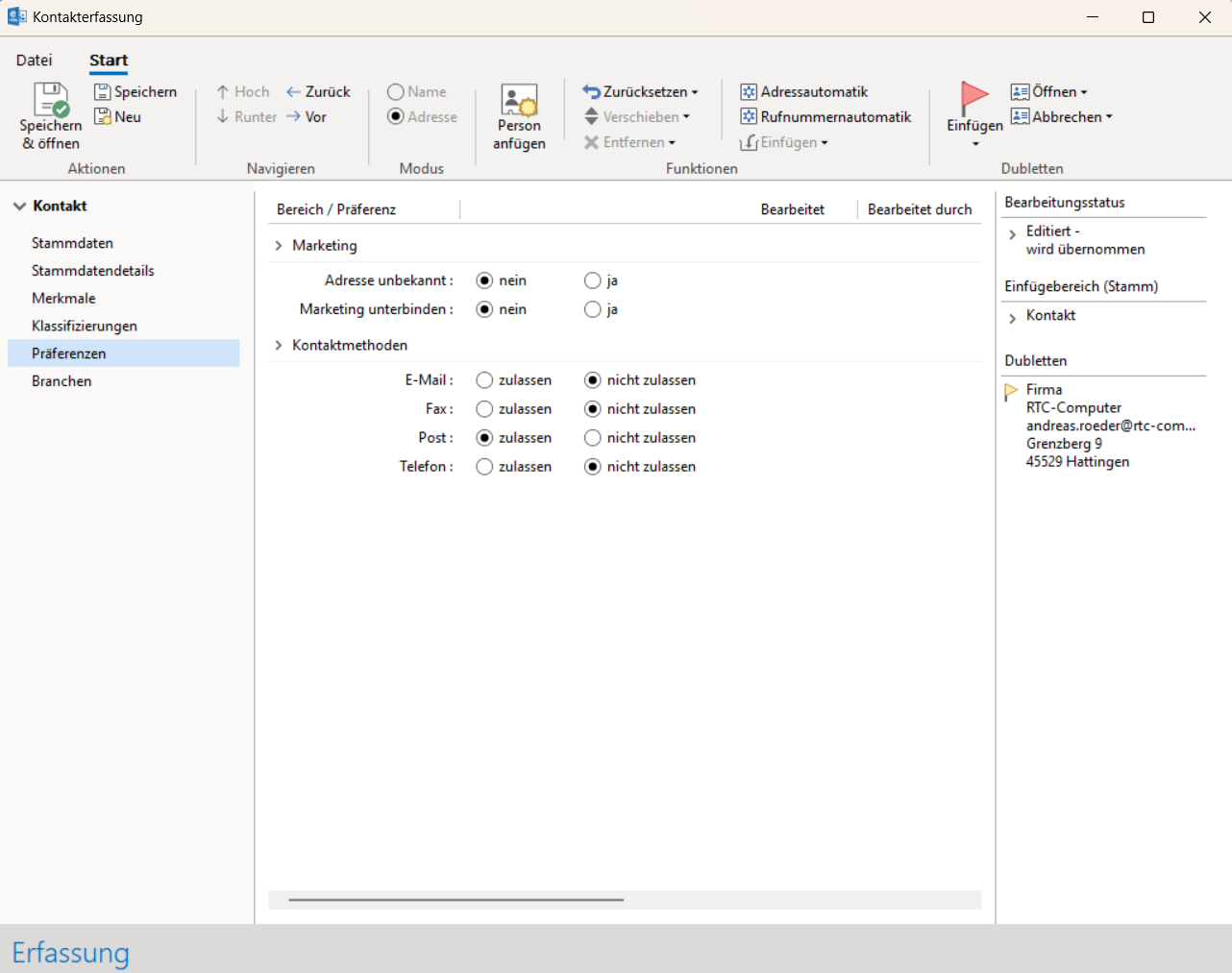 Kundenerfassung - Marketingpräferenzen