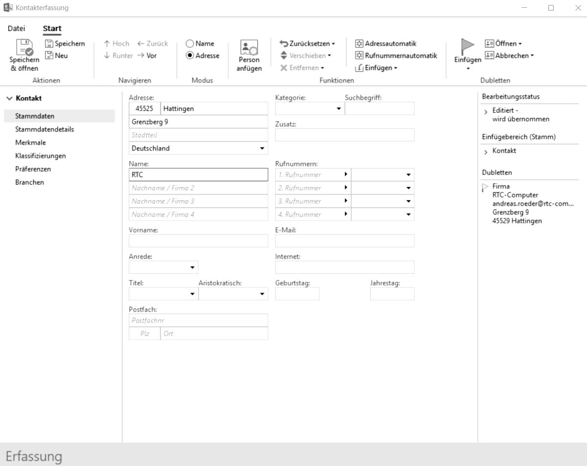 eNikCRM Kundenerfassung mit Dublettenprüfung, Adressvervollständigung und Marketingpräferenzen