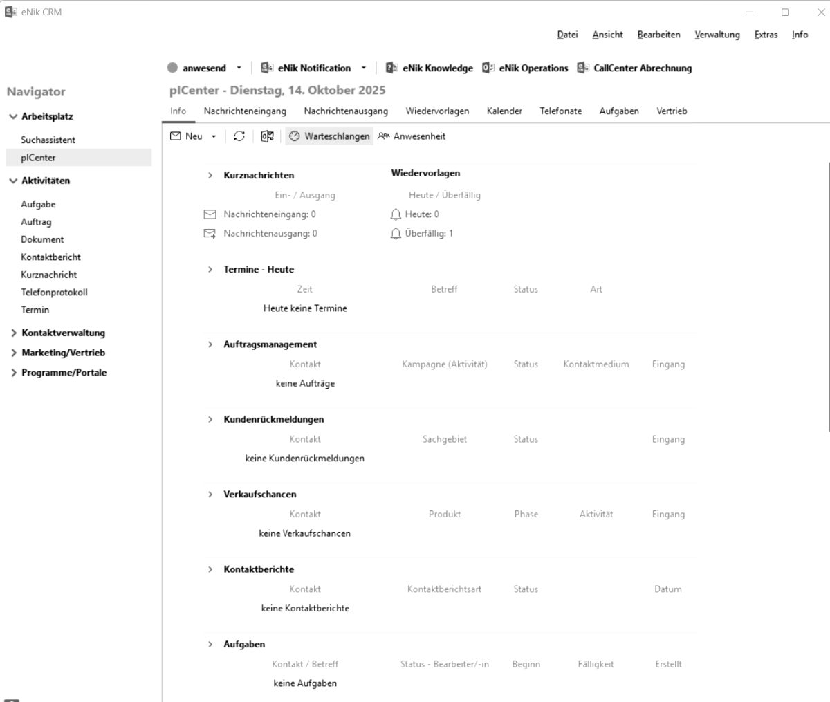 eNikCRM pIC – Persönliches Informationscockpit mit Warteschlangen, Terminen, Auftragsmanagement und Aufgaben