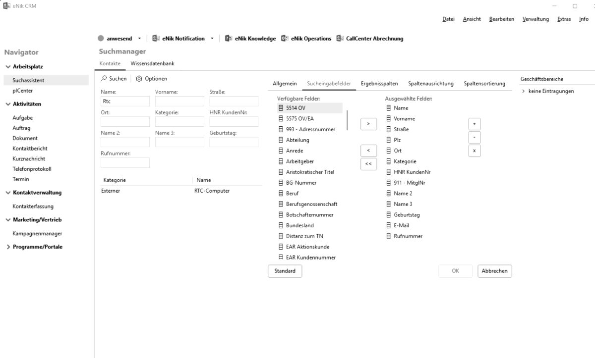 eNikCRM Suchmanager mit konfigurierbarer Suchmaske und flexiblen Filterkriterien
